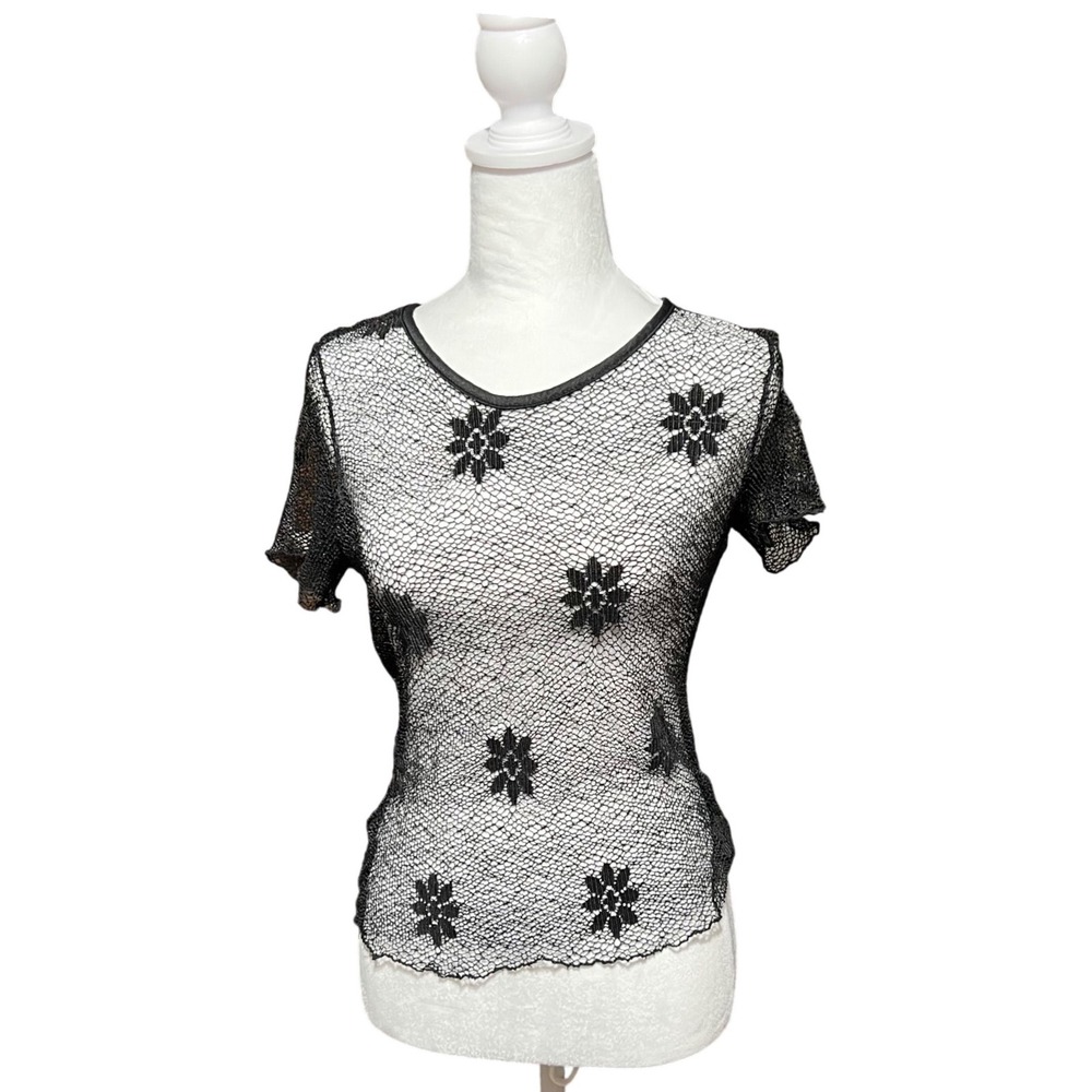 Vintage Y2K Black Sheer Mesh Top Floral Lace Stretch Tee Goth Coquette Size S